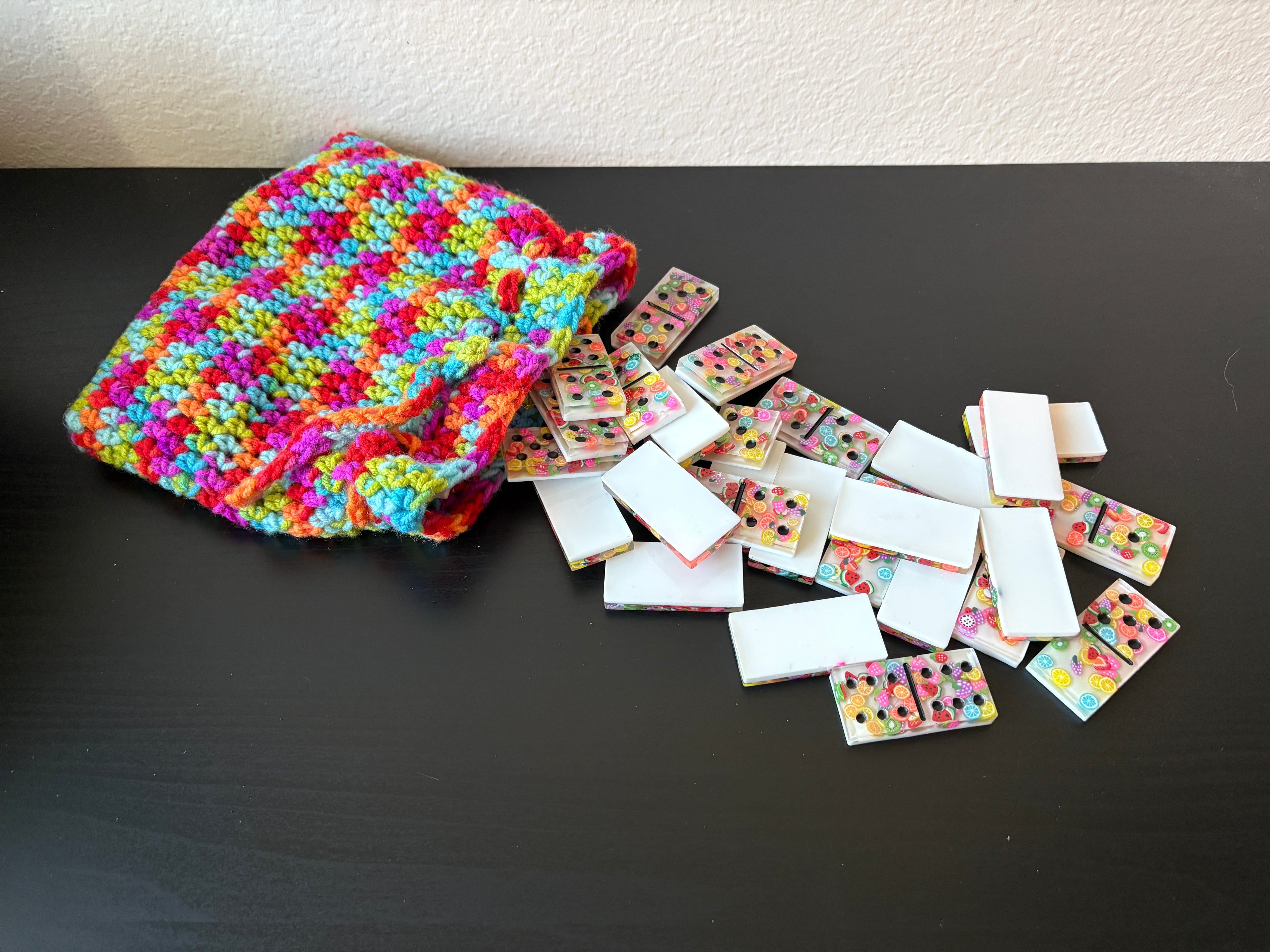 Summer Fruit Resin Domino Set with Crochet Storage Bag