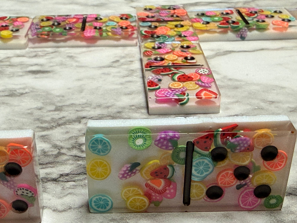 Summer Fruit Resin Domino Set with Crochet Storage Bag