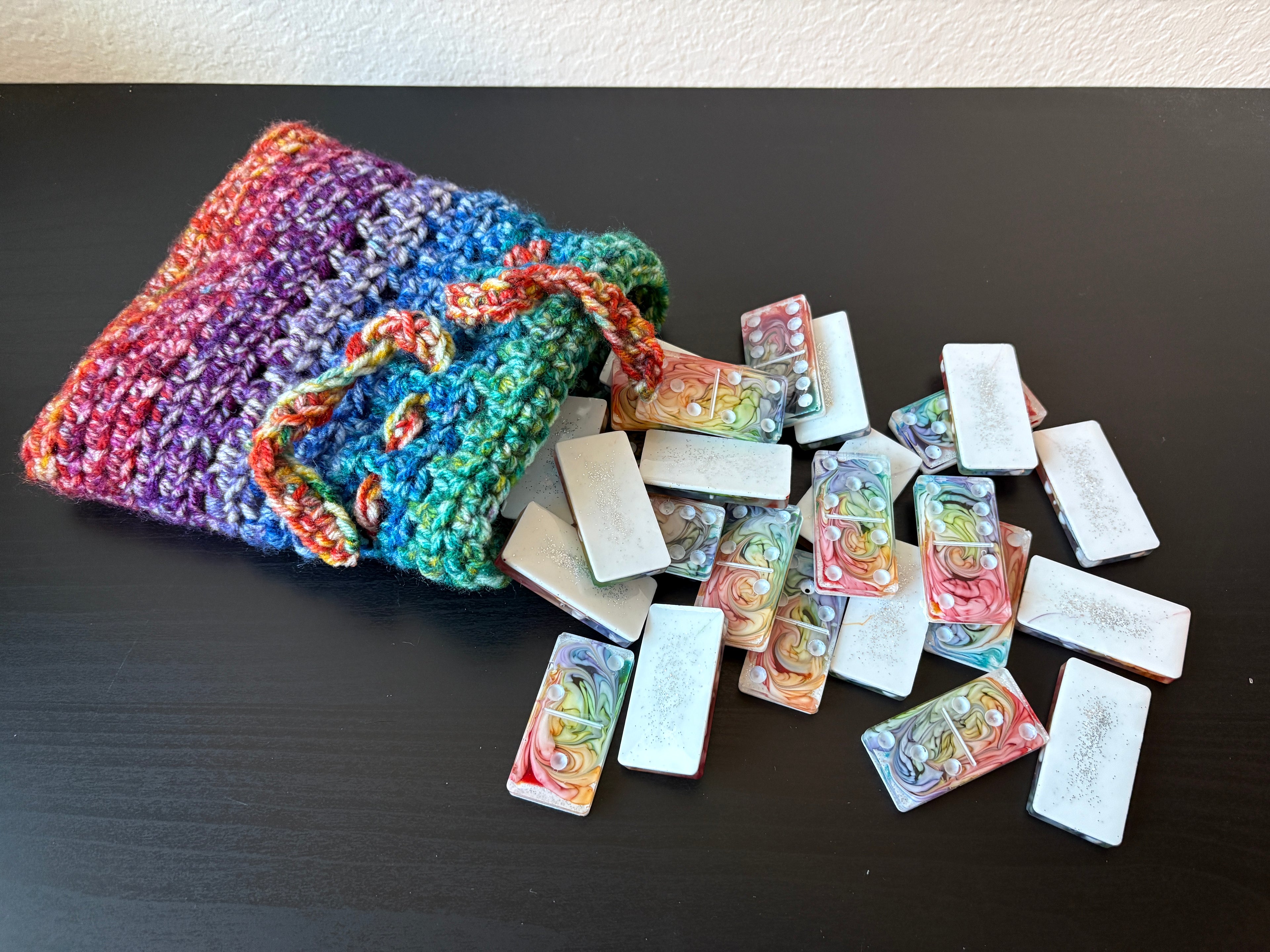 Rainbow Swirl Dominos Set With Hand Made Crocheted bag