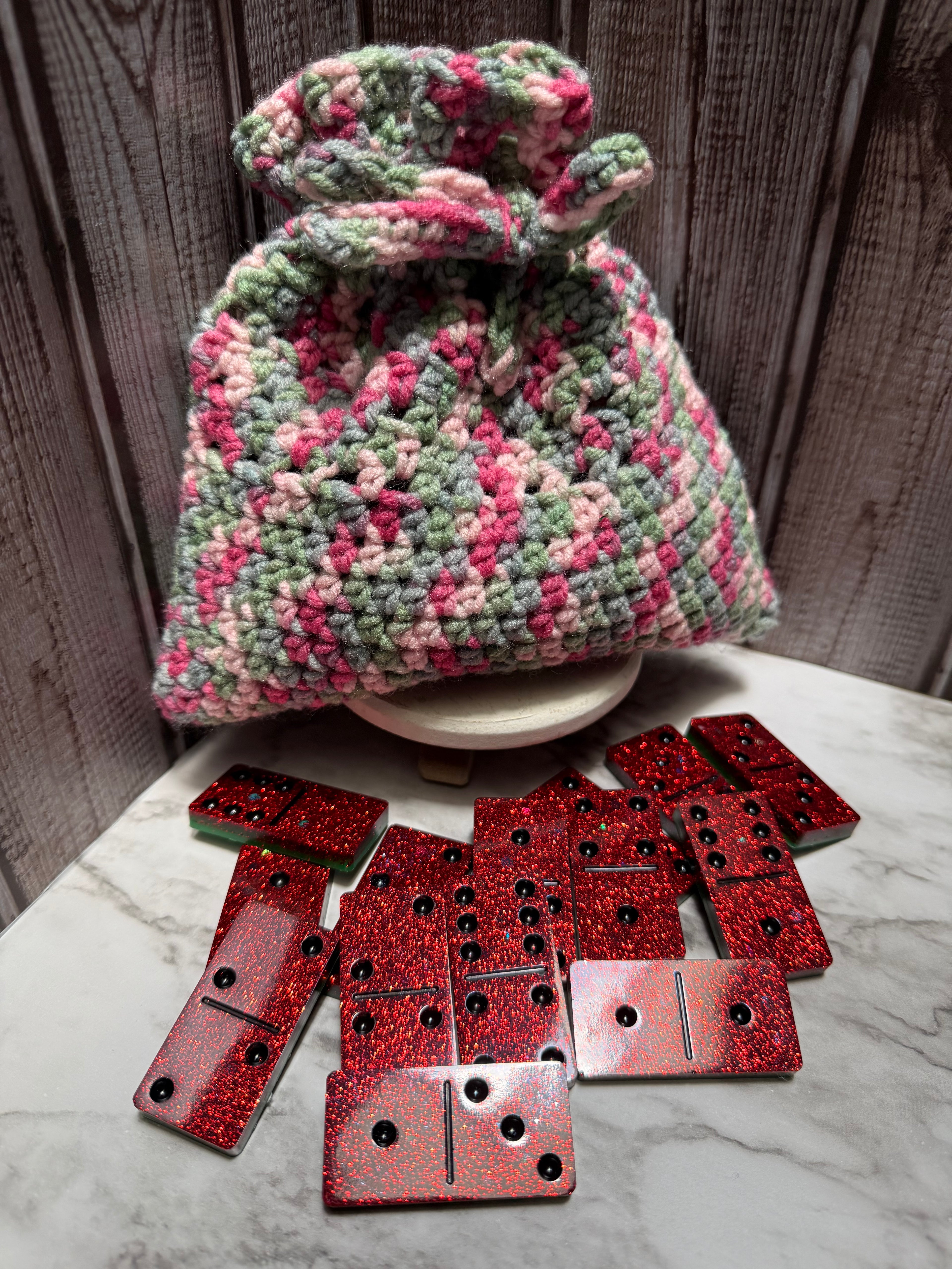 Watermelon Resin Domino Set with Crocheted Storage Bag