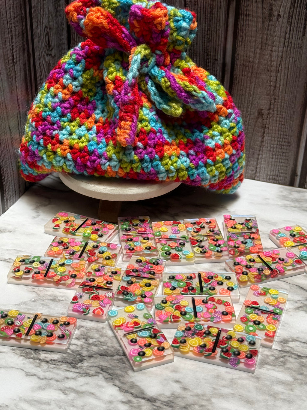 Summer Fruit Resin Domino Set with Crochet Storage Bag