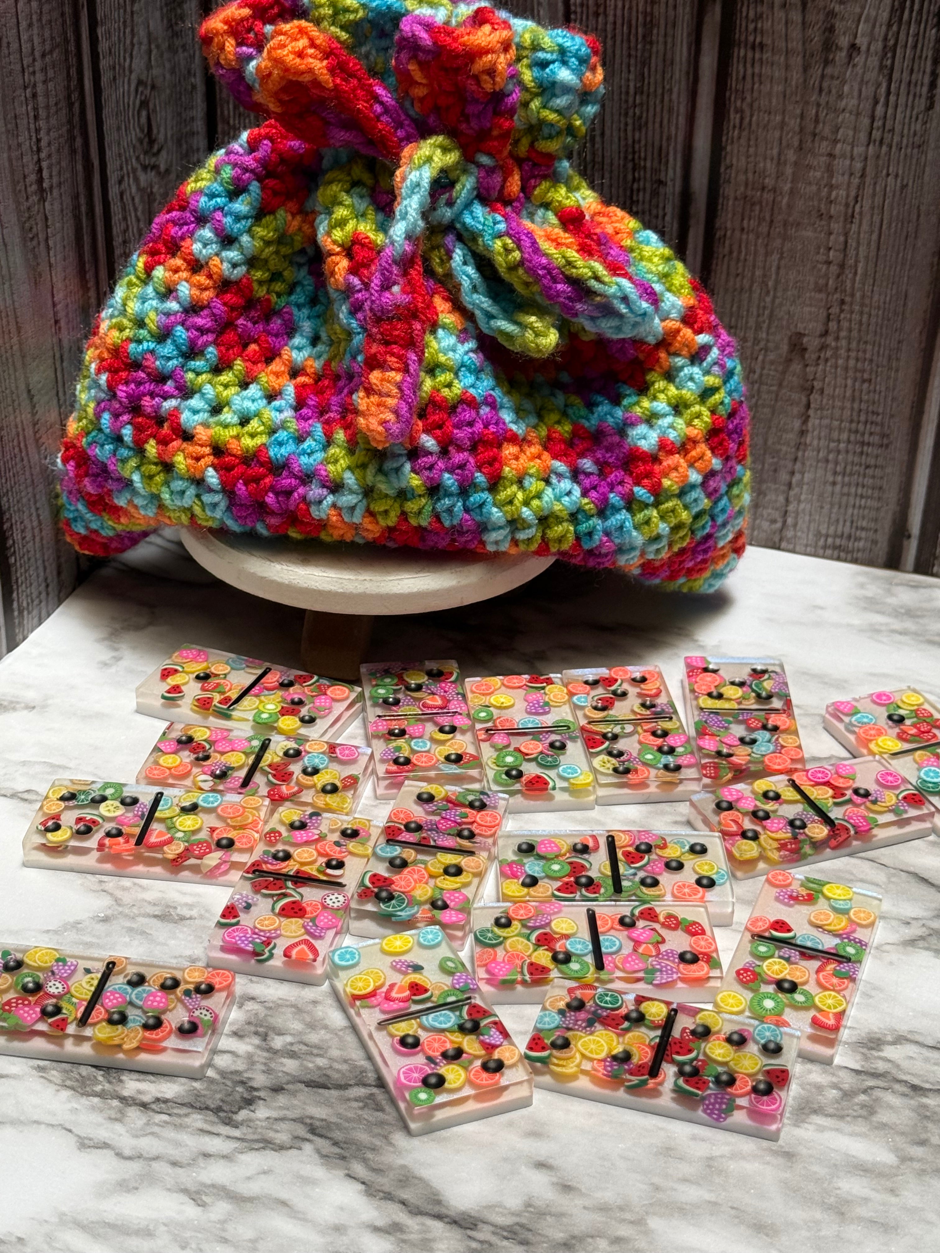 Summer Fruit Resin Domino Set with Crochet Storage Bag
