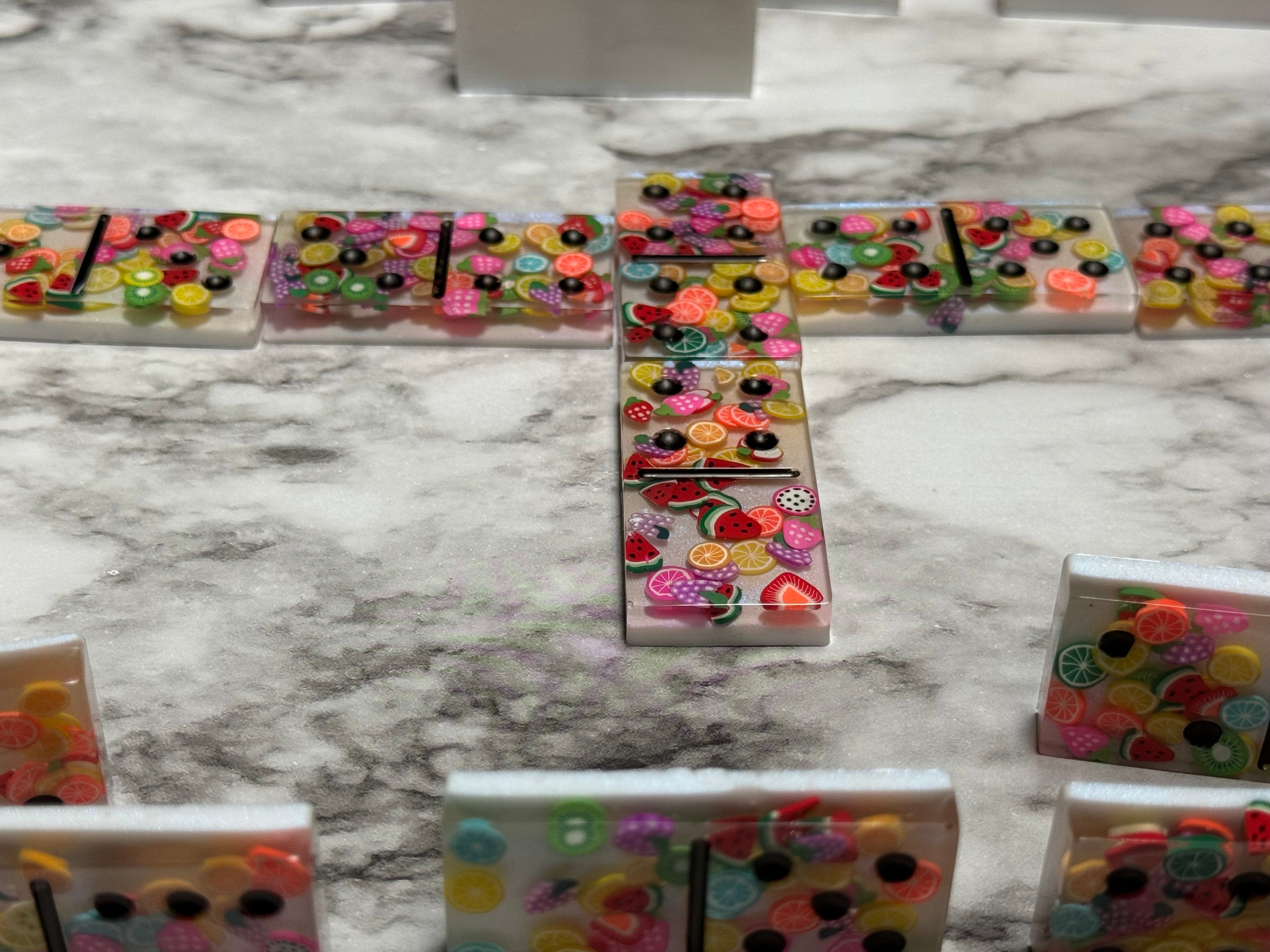 Summer Fruit Resin Domino Set with Crochet Storage Bag