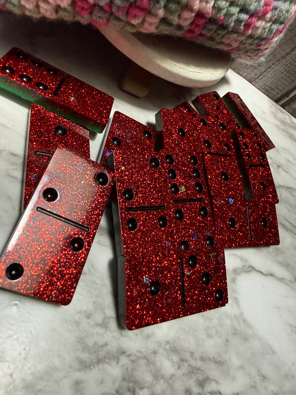 Watermelon Resin Domino Set with Crocheted Storage Bag