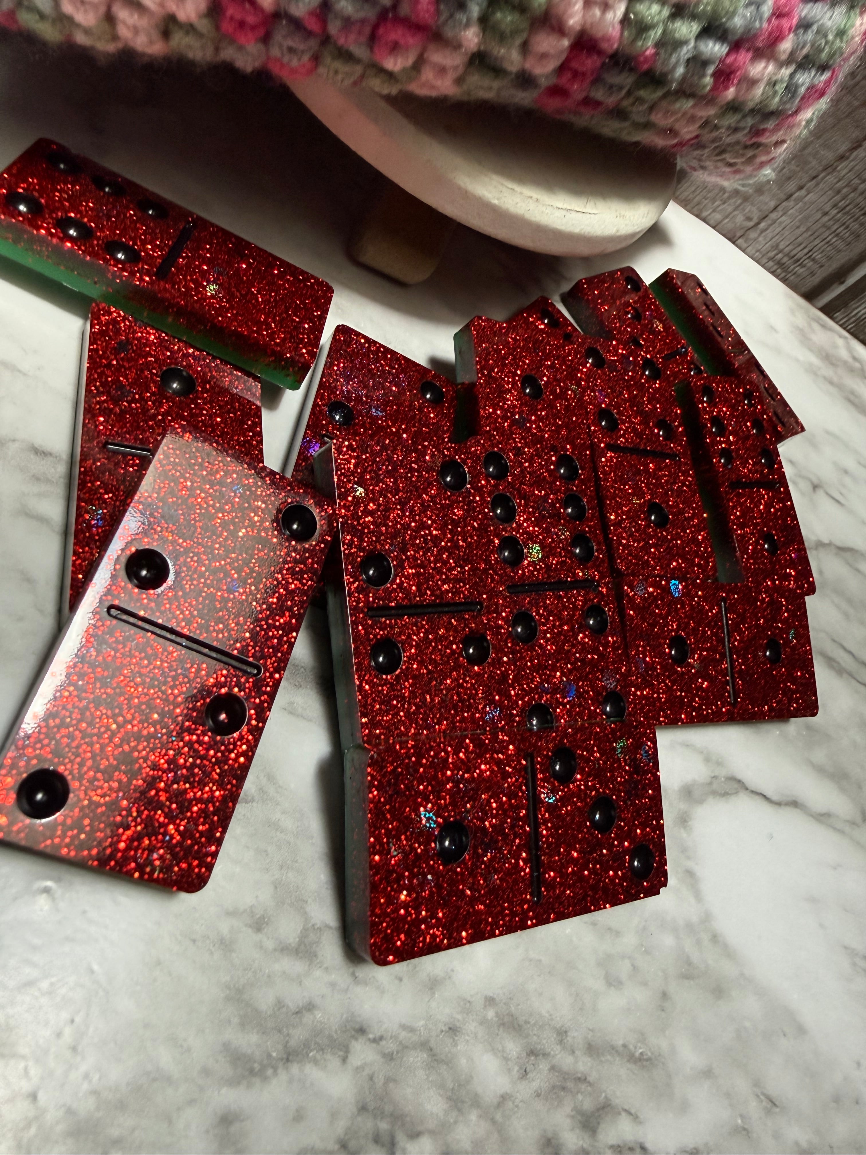 Watermelon Resin Domino Set with Crocheted Storage Bag