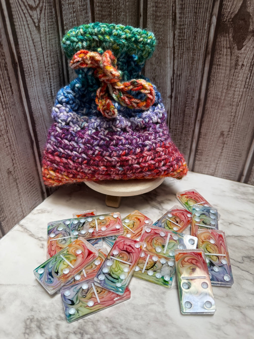 Rainbow Swirl Dominos Set With Hand Made Crocheted bag