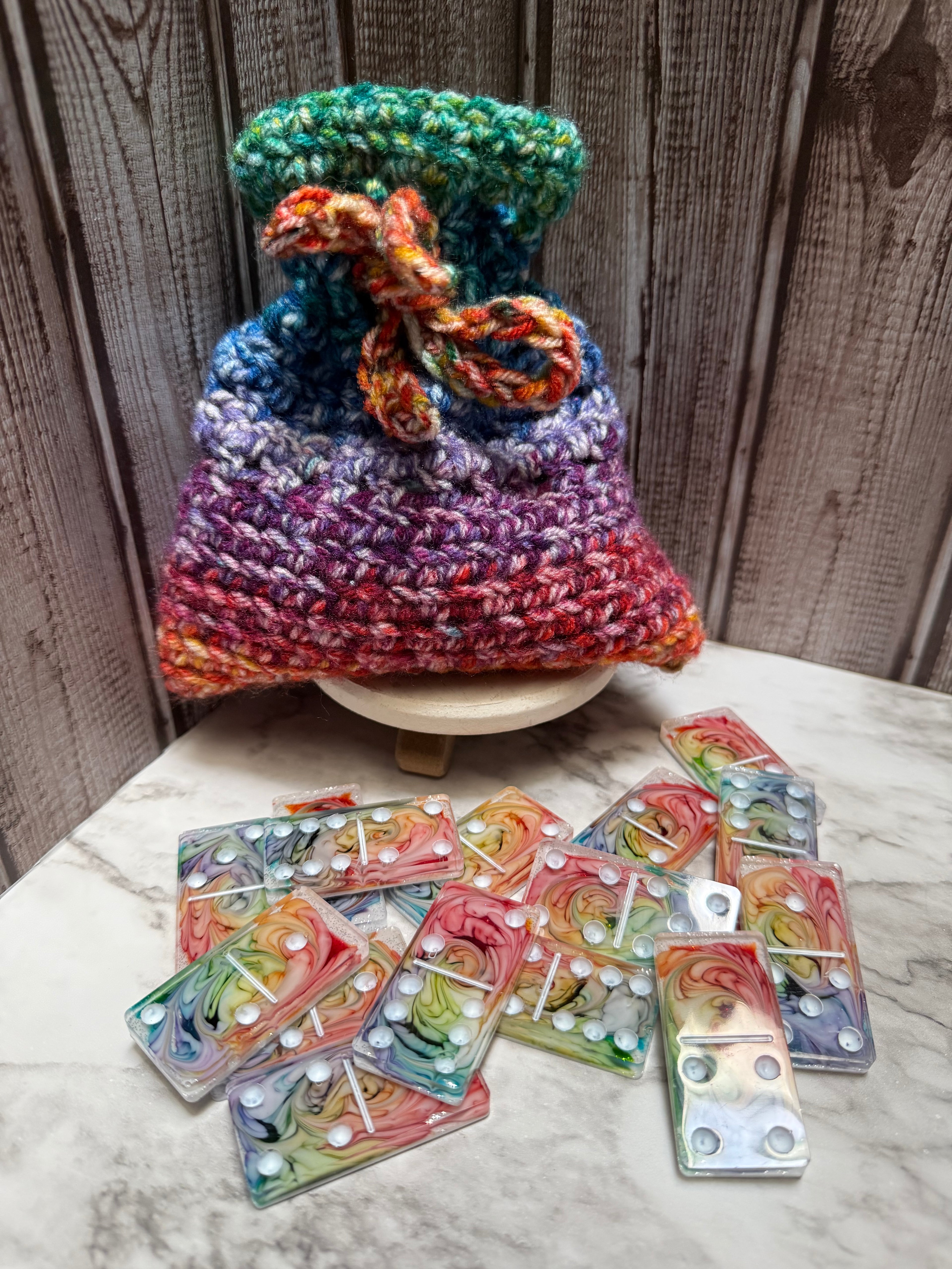 Rainbow Swirl Dominos Set With Hand Made Crocheted bag