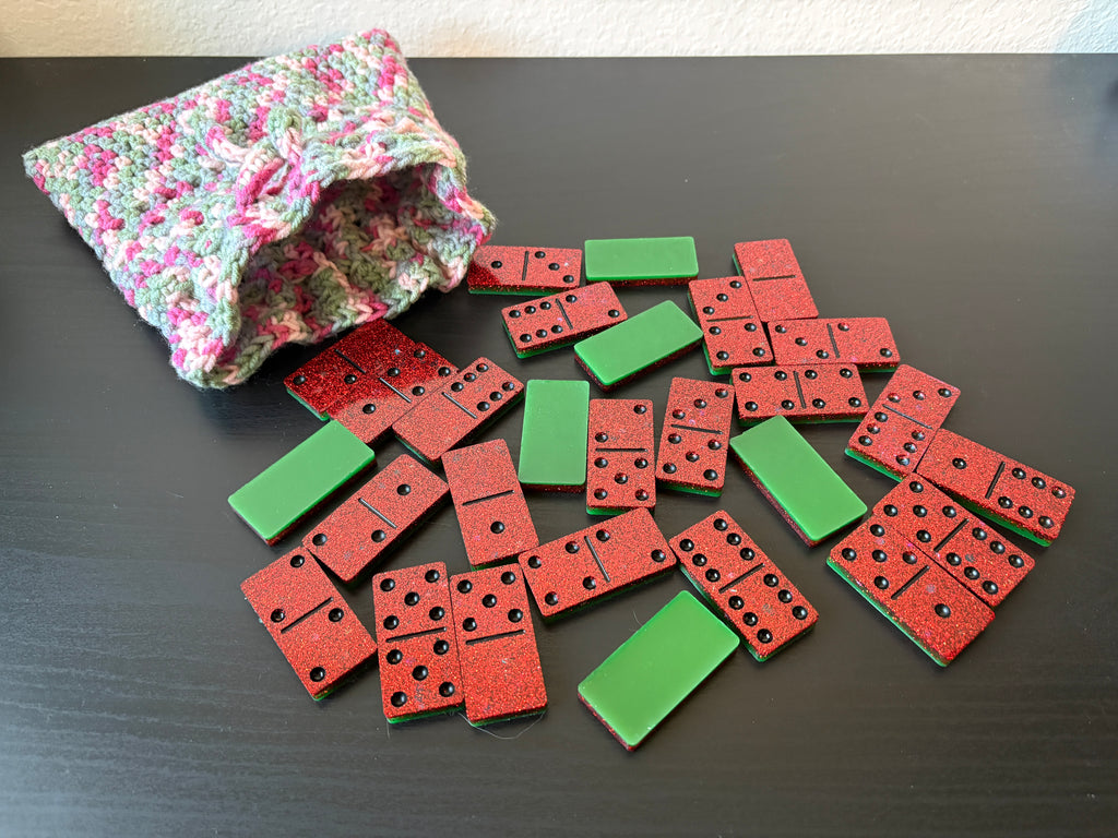 Watermelon Resin Domino Set with Crocheted Storage Bag